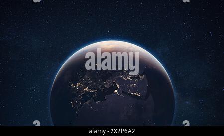Incredibile pianeta Blu Terra con luci delle città notturne in Europa, Africa e Oriente nello spazio stellato. Bella notte sul pianeta Terra. Spazio profondo Foto Stock