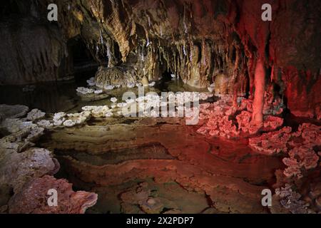 La bellezza dell'ornamento stalagmita della Grotta Gilap nel carsico Gunungsewu. L'area carsica è un luogo per la conservazione dell'acqua. Foto Stock