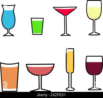 Set di icone di bicchiere da cocktail. Illustrazione vettoriale in stile piatto. Illustrazione Vettoriale