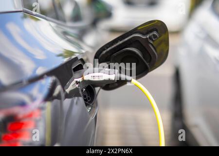 Ladestation a Dresda Elektroautos an Ladesäulen. Dresden Sachsen Deutschland *** stazione di ricarica a Dresda Auto elettriche presso stazioni di ricarica Dresda Sassonia Germania Foto Stock