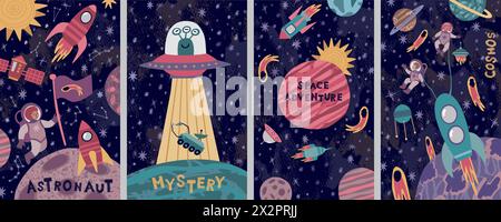 Poster spaziali. Astronauta bambini in tuta spaziale. Razzo UFO e alieno in galassia. Cielo Terra e schema scientifico. Design per bambini. Luna rover. Avventura COSMOS. Universo misterioso. Set di banner vettoriali per cartoni animati Illustrazione Vettoriale