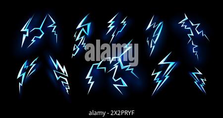 Effetto tuono. Luce di energia blu, potenza flash bolt o elemento scintilla 3d incrinatura, tempesta thunderbolt. Icona luminosa ad alta tensione elemento di design elegante con logo. Illustrazione vettoriale isolata su sfondo nero Illustrazione Vettoriale