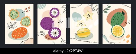 Frutta tropicale. Cibo esotico. Prodotti freschi e succosi. Mezza carambola e intera. Forme astratte di doodle. Dolce feijoa e lychee. Kiwano maturo. Foglie di palmo in linea. Delizioso jackfruit. Set di banner vettoriali Illustrazione Vettoriale