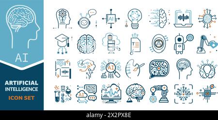 Set di icone disegnate a mano intelligenza artificiale e tecnologia - tra cui Assistente - Scienza - Educazione - Robotica e altro ancora Illustrazione Vettoriale