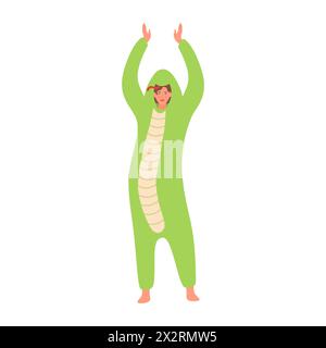 Divertente ragazza in costume da serpente onesie su pigiama party o illustrazione vettoriale Sleepover Illustrazione Vettoriale