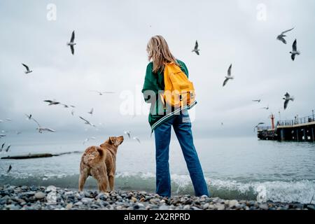 Donna che dà da mangiare ai gabbiani in piedi con il cane in riva al mare Foto Stock