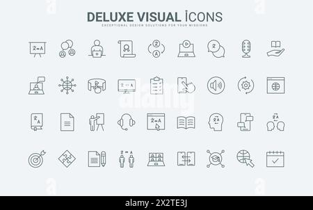Servizi online e app mobili per la comunicazione e la traduzione di testo, competenze linguistiche e certificati sottili simboli di contorno neri e rossi, illustrazione vettoriale. Set di icone di linea per l'apprendimento della lingua straniera Illustrazione Vettoriale
