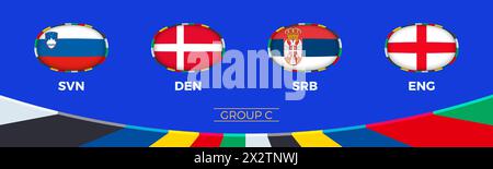 Calcio 2024 gruppo C partecipanti al torneo europeo di calcio, bandiere nazionali stilizzate in stile torneo. Illustrazione vettoriale. Illustrazione Vettoriale