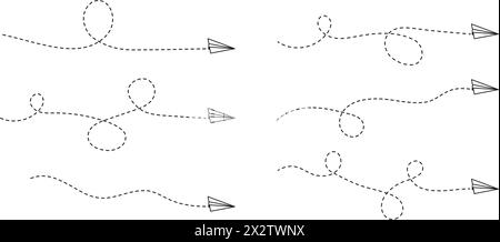 Set di icone dei piani di carta con linee tratteggiate del percorso. Concetto di viaggio, viaggio o viaggio di lavoro. Simboli dei messaggi. Segnali di consegna, destinazione o libertà isolati su sfondo bianco. Illustrazione vettoriale. Illustrazione Vettoriale