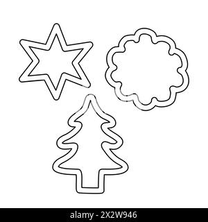 Forbici per biscotti di forme diverse, stella, tonda, albero di Natale, vista dall'alto, illustrazione vettoriale piatto in stile doodle per libri da colorare per bambini Illustrazione Vettoriale