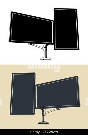 Illustrazioni vettoriali stilizzate del supporto per monitor doppio Illustrazione Vettoriale