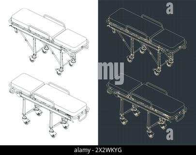 Illustrazioni vettoriali stilizzate di progetti isometrici di barelle per ambulanze e veicoli di soccorso Illustrazione Vettoriale