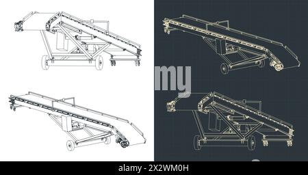Illustrazioni vettoriali stilizzate di progetti isometrici di un trasportatore a nastro mobile Illustrazione Vettoriale
