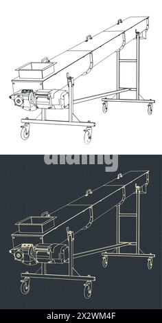Illustrazioni vettoriali stilizzate di progetti isometrici di un trasportatore a vite mobile Illustrazione Vettoriale