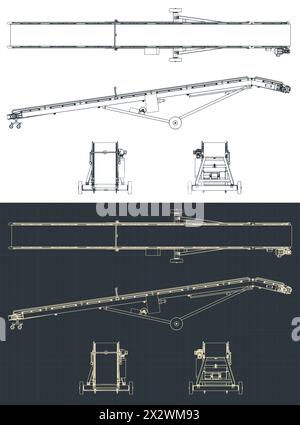 Illustrazioni vettoriali stilizzate dei progetti di un trasportatore a nastro mobile Illustrazione Vettoriale
