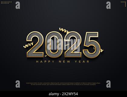 realistica decorazione dorata del nastro per festeggiare il nuovo anno 2025. Illustrazione Vettoriale