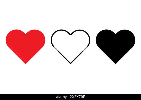 Tre cuori in rosso, contorno e nero. Concetto di amore e relazione. Semplici icone a forma di cuore. Illustrazione vettoriale. EPS 10. Illustrazione Vettoriale