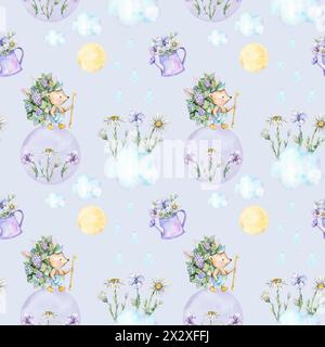Motivo senza cuciture con ricci ad acquerello e fiori Foto Stock