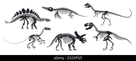 Fossili di scheletro di dinosauro, ossa di dinosauro isolate. Sagome di animali rettili vettoriali. Avaceratops, basilosaurus, stegosaurus, eoraptor, gallimimus, tirannosauro, antichi rettili, resti preistorici Illustrazione Vettoriale