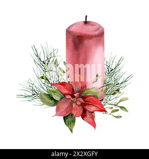 Fiore rosso di Natale con omela e rami di pino, illustrazione acquerello. Decorazioni disegnate a mano per l'anno nuovo con bouquet poinsettia per la stampa Foto Stock