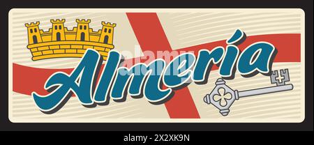 Insegna di stagno della provincia spagnola di Almeria. Targa della regione della Spagna con bandiera del territorio, stemma o corona e simbolo chiave. Viaggio europeo, città di Almeria e comune di Spagna, situato in Andalusia Illustrazione Vettoriale