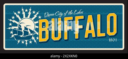 Targa Buffalo american City e adesivo da viaggio USA. Insegna di latta da viaggio americana, adesivo vettoriale della città degli Stati Uniti o cartolina ricordo. Targa degli Stati Uniti con il sigillo della città o il simbolo della bandiera, la nave e la bandiera Illustrazione Vettoriale