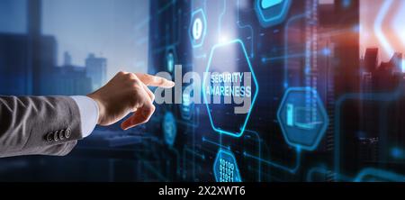 Pulsante di visualizzazione virtuale: Consapevolezza della sicurezza concetto di business, tecnologia, Internet e rete. Foto Stock