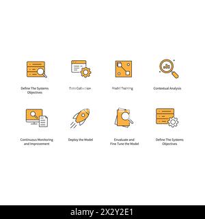 Implementazione dell'intelligenza artificiale per il successo aziendale soluzioni adattive di progettazione di icone vettoriali Illustrazione Vettoriale