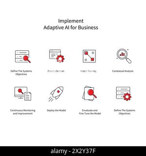 Icone vettoriali per l'automazione aziendale potenziate DALL'INTELLIGENZA ARTIFICIALE che semplificano le operazioni Illustrazione Vettoriale
