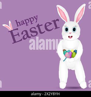 Lepre bianca sorridente e con uova di Pasqua multicolore decorate nelle sue zampe. Sfondo viola. Iscrizione di buona Pasqua. Disegno a colori vettoriale Illustrazione Vettoriale