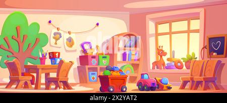 Interni della sala giochi dell'asilo. Illustrazione vettoriale di un'aula della scuola materna con grande finestra, mobili e giocattoli, tavolo e sedie in legno per bambini, scaffale, scuola materna Illustrazione Vettoriale