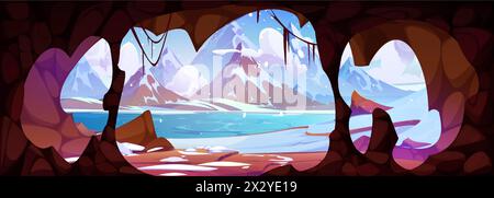 Vista dall'interno della grotta sotterranea del paesaggio invernale con montagne rocciose e lago o fiume ricoperti di neve. Illustrazione vettoriale dei cartoni animati del paesaggio delle colline settentrionali attraverso l'ingresso della grotta. Illustrazione Vettoriale