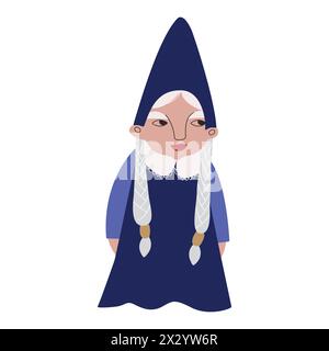 Donna nana con due lunghe trecce bianche con forchette dorate, in un abito blu con colletto in pizzo bianco e berretto a punta. Illustrazione vettoriale per Illustrazione Vettoriale