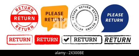 restituire il timbro circolare rettangolare e l'etichetta adesiva con la bolla vocale per sostituire il prodotto Illustrazione Vettoriale