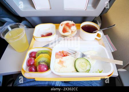 Colazione in aereo: Carne, frutta, panino piccolo, succo di frutta e tè. Foto Stock