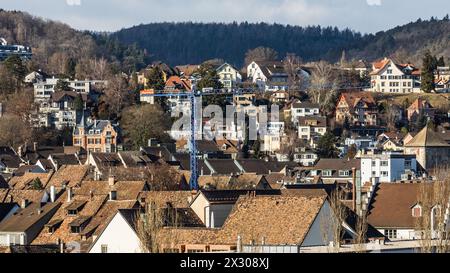 Schaffhausen, Schweiz - 17. Gennaio 2021: Blick auf die Hausdächer der Schaffhauser Altstadt. Foto Stock