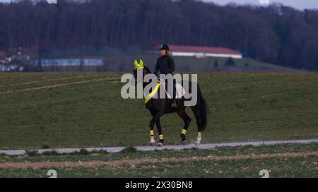 Oberglatt, Schweiz - 14. März 2022: Eine Frau Reitet mit ihrem Pferd einen Feldweg entlang. Foto Stock