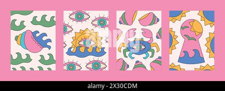 Set di carte cartoni animati estivo. Design semplice e colorato trippy per t-shirt, poster, arti murali Illustrazione Vettoriale