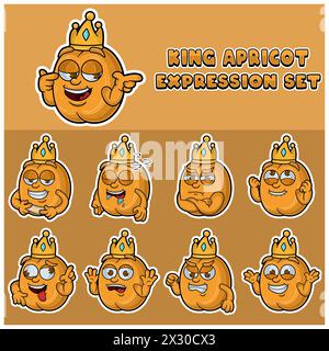 Cartoon Mascot of Apricot Fuit character with king and Expression set. Vettore e illustrazione Illustrazione Vettoriale