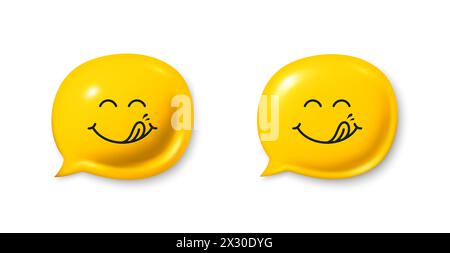 Emoticon 3d sorridente con bocca a leccarsi la lingua. Cibo gustoso che mangia il viso emoji in una bolla vocale 3D. Vettore Illustrazione Vettoriale