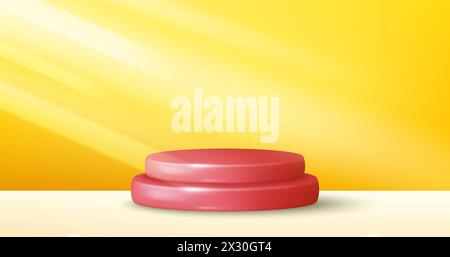 Podio con piedistallo per cilindri 3d realistico con sfondo giallo pastello. Piattaforma geometrica astratta. Scena minimalista. Vettore Illustrazione Vettoriale