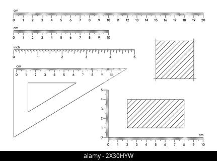Righelli righelli in pollici e metrici. Strumento di misurazione. Centimetri e pollici misurano l'indicatore di misurazione in cm. Vettore Illustrazione Vettoriale