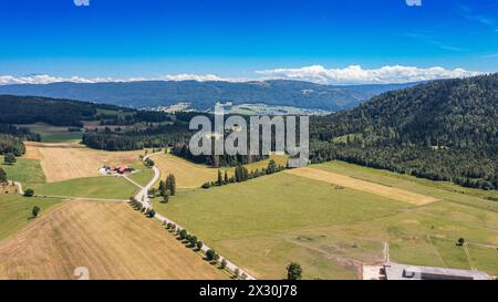 Blick in Richtung Berner Jura, welcher im Nordwesten der Schweiz, aber noch im Kanton Bern liegt. (Bellelay Saicourt, Svizzera, 25.06.2022) Foto Stock