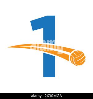 Logo pallavolo sulla lettera 1 con simbolo pallavolo mobile. Insegna pallavolo Illustrazione Vettoriale