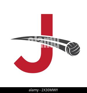 Logo di pallavolo sulla lettera J Concept con simbolo di pallavolo mobile. Insegna pallavolo Illustrazione Vettoriale