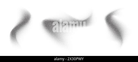 Spruzzi astratti Dotwork, grana nera, effetto sabbia astratta. Forme dei punti dell'onda di gradiente. Vettore Illustrazione Vettoriale