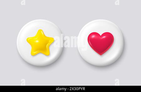 Icone 3d dei social media sul pulsante bianco a forma di spilla. Simbolo migliore della stella, icona a forma di cuore. Pulsante perno bianco 3d realistico. Vettore Illustrazione Vettoriale