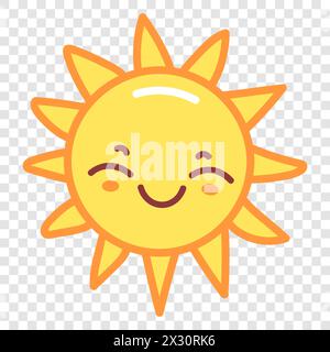 Carino icona del sole dei cartoni animati. Emoji sole, faccia sorridente e simpatica. Illustrazione vettoriale isolata su sfondo trasparente Illustrazione Vettoriale