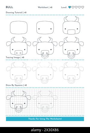 Come disegnare Doodle Animal Cow, Cartoon Character Step by Step Drawing Tutorial. Fogli di lavoro attività per bambini Illustrazione Vettoriale