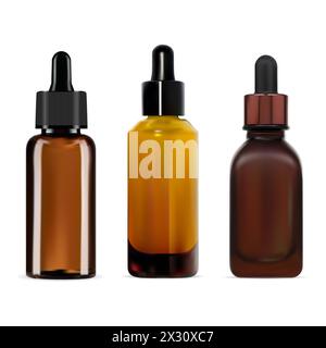 Mockup per flaconi contagocce per siero beauty. Bottiglia di olio essenziale, illustrazione vettoriale. Modello di pacchetto del prodotto per il trattamento medico. Pallone di collagene con occhiello Illustrazione Vettoriale